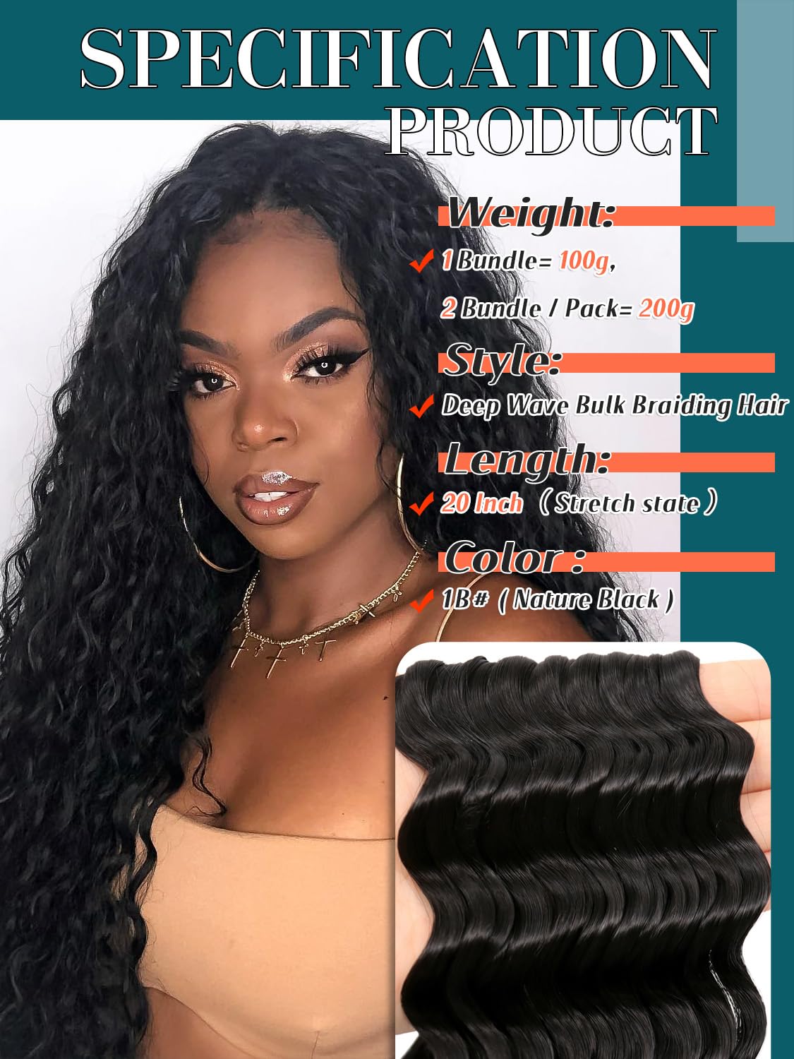 Deep Wave Bulk Hair for Braiding 200g Curly Hair for Bohemian Knotless Braids 2 Boundle Boho Braids Curls 20 Inch Boho Hair for Micro Braiding No Weft, Naturl Black