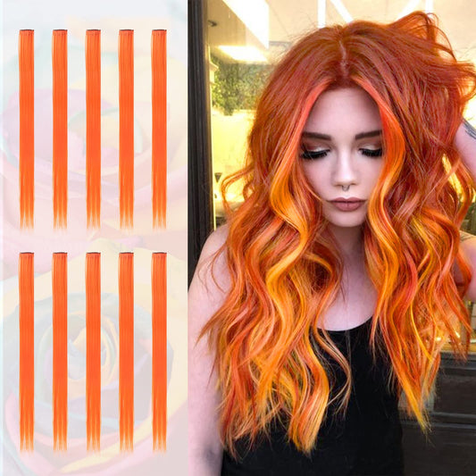 SOFEIYAN 10 Pcs Colored Hair Extensions Party Highlights Colorful Clip in Hair Extensions 22 Inch Straight Synthetic Hairpieces for Women Kids Girls Halloween Christmas Cosplay, 10pcs Orange