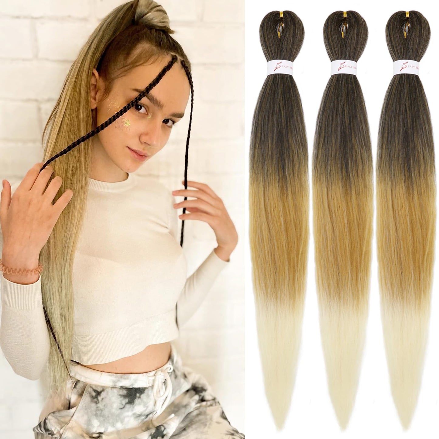 IXIMII Ombre Braiding Hair Pre Stretched 26 inch 3 packs Soft Prestretched Kanekalon Braiding Hair 1B27#613# Straight Crochet Braids Yaki Texture Synthetic Hair Extensions Hot Water Setting