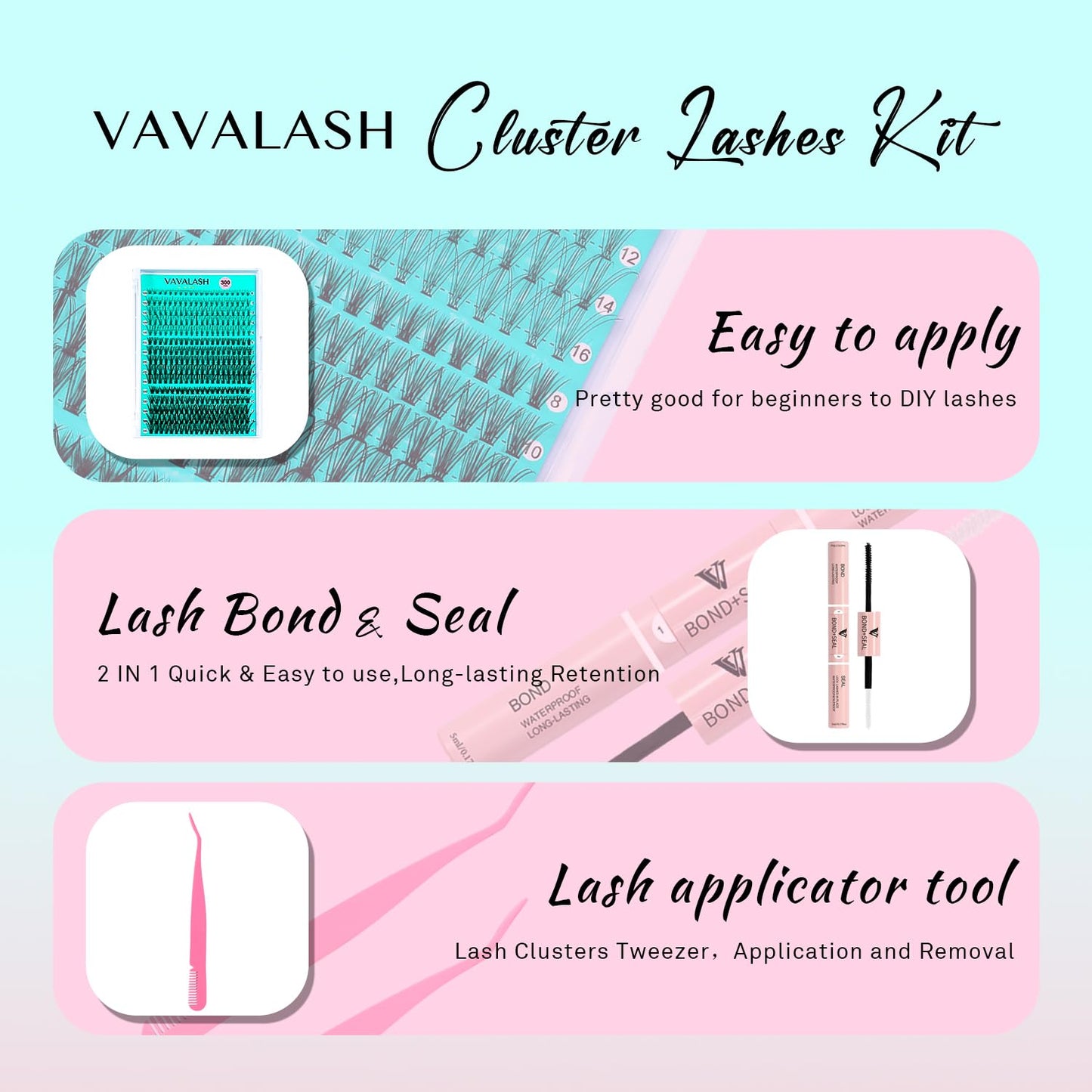 VAVALASH Lash Clusters Extensions Kit 300Pcs 3 Styles 10D 20D 30D-0.07-8-16MM Cluster Lashes Wispy DIY Individual Lashes, Lash Bond and Seal, Lash Tweezer for DIY at Home (10D+20D+30D-Kit)