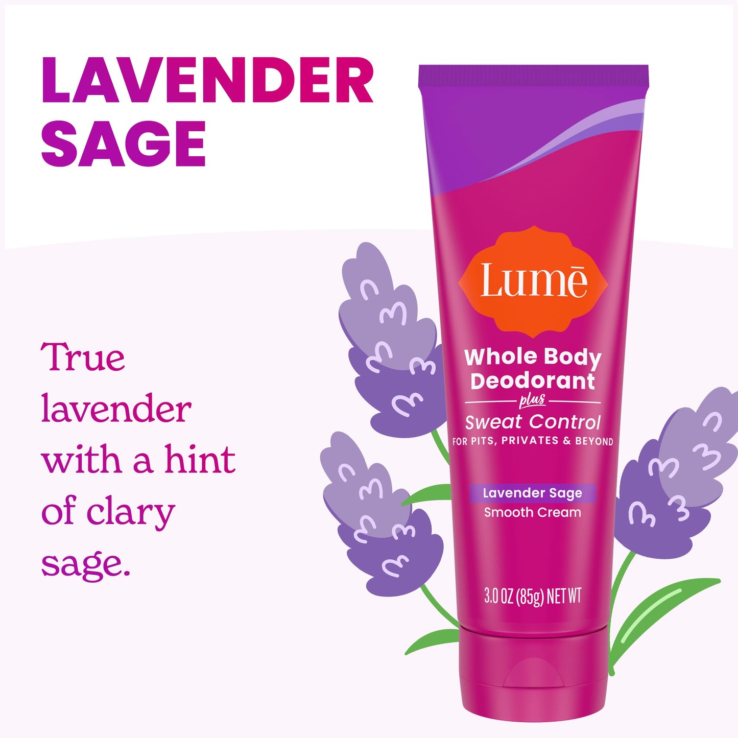 Lume Whole Body Deodorant Plus Sweat Control - Smooth Cream Tube - 72 Hour Odor And Sweat Control - Baking Soda Free, Skin Loving - 3.0 ounce (Lavender Sage)