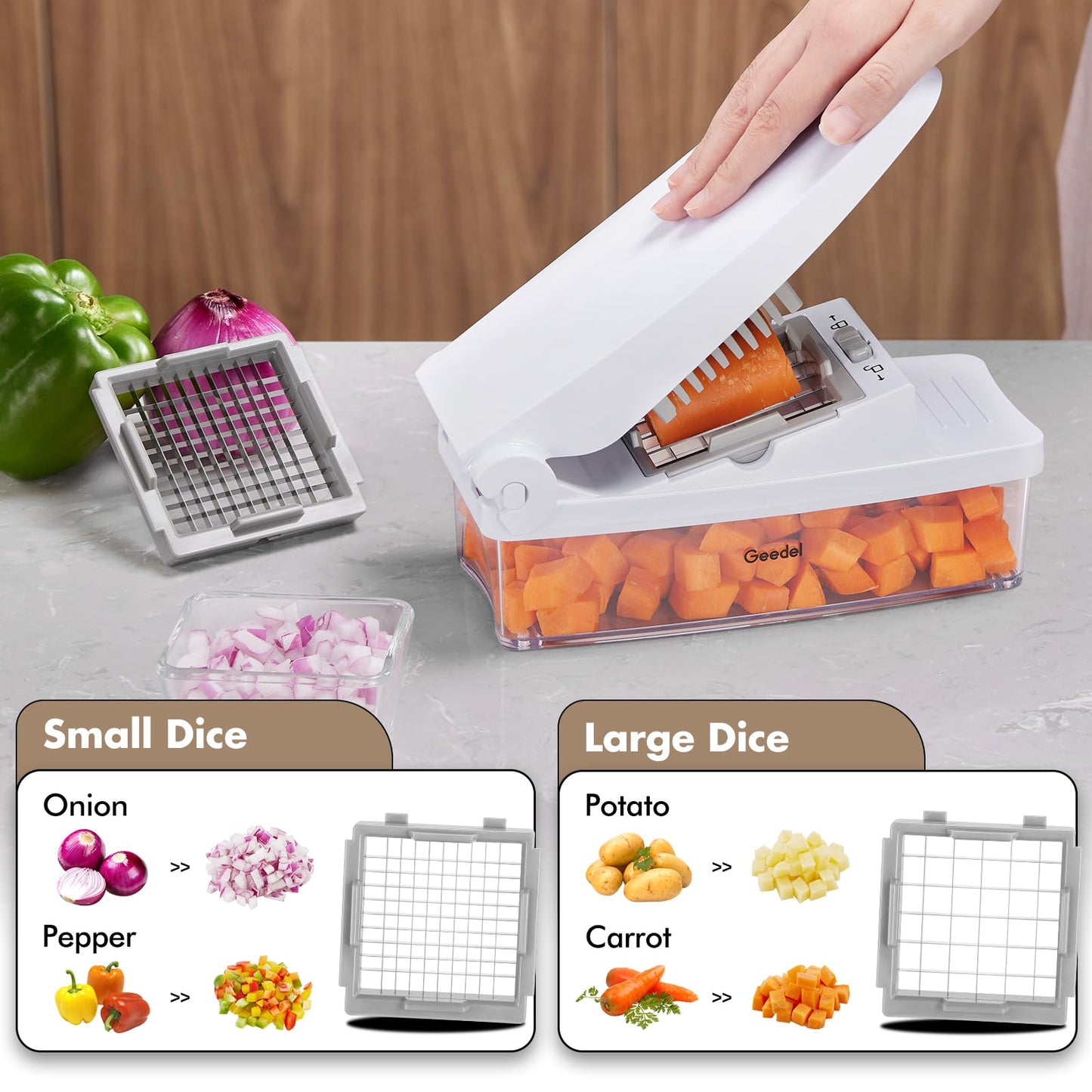 Geedel Vegetable Chopper, Onion Chopper Pro Food Chopper, Kitchen Vegetable Slicer Dicer Cutter Grater, Veggie Chopper with container for Salad Onion Potato Carrot (4 in 1, White)