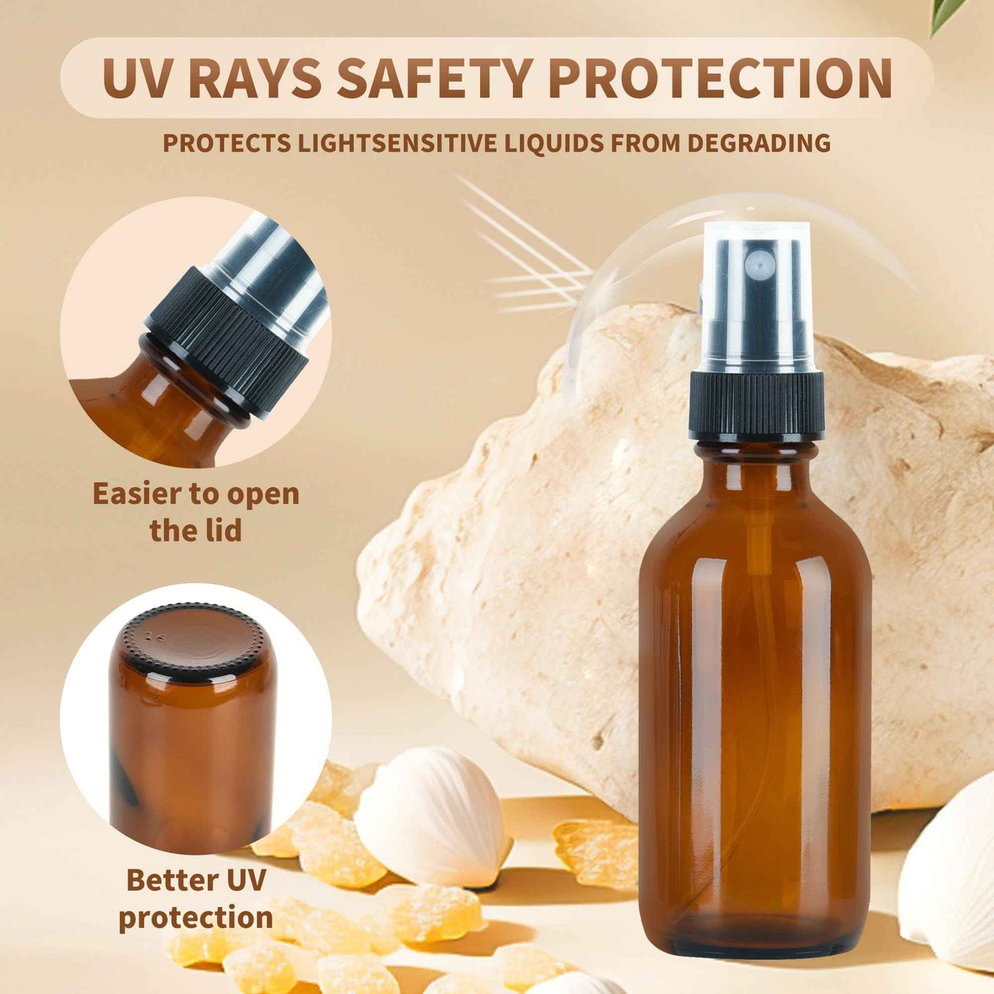 BILLIONSTARS 24 Pack 2oz Glass Boston Round Bottle with Fine Mist Sprayer - Amber - Essential Oils, Bath, Beauty, Hair & Cleaning - Leakproof Travel Bottles