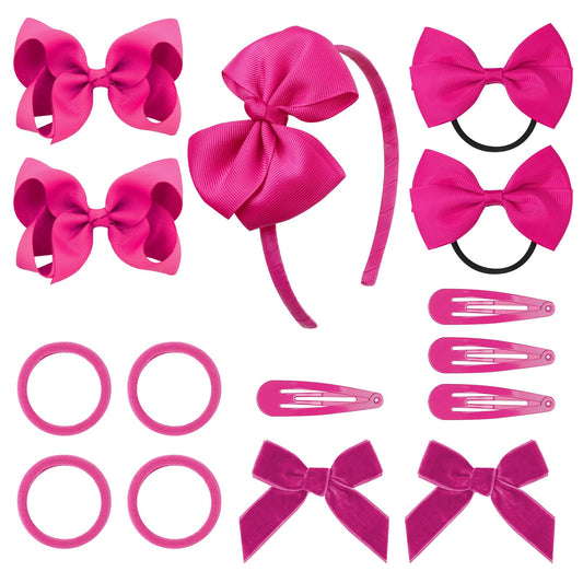 DEEKA Rose Hair Accessories Set - 15 Pieces Uniform Hair Bows, Hair Clips, Headband, Hair Ties for Little Girls - Back to School, Shocking Pink, Grosgrain Ribbon