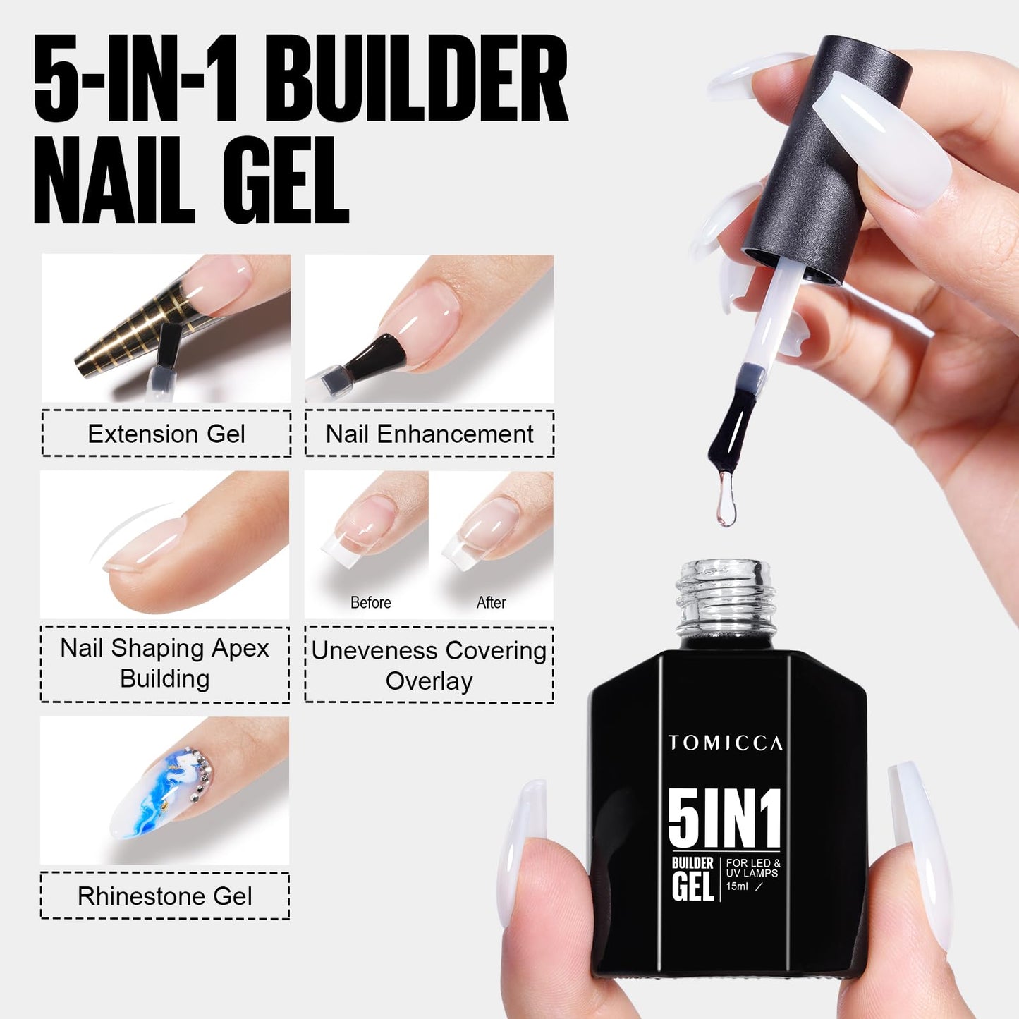 TOMICCA Super Strong Gel Nail Glue Acrylic Nails, Gel Nail Glue Easy Application Long Lasting Clear Glossy No Wipe, Nail Glue for Press on Nails Gel Nail Glue Curing Needed(Builder&Base&Top 15ml)