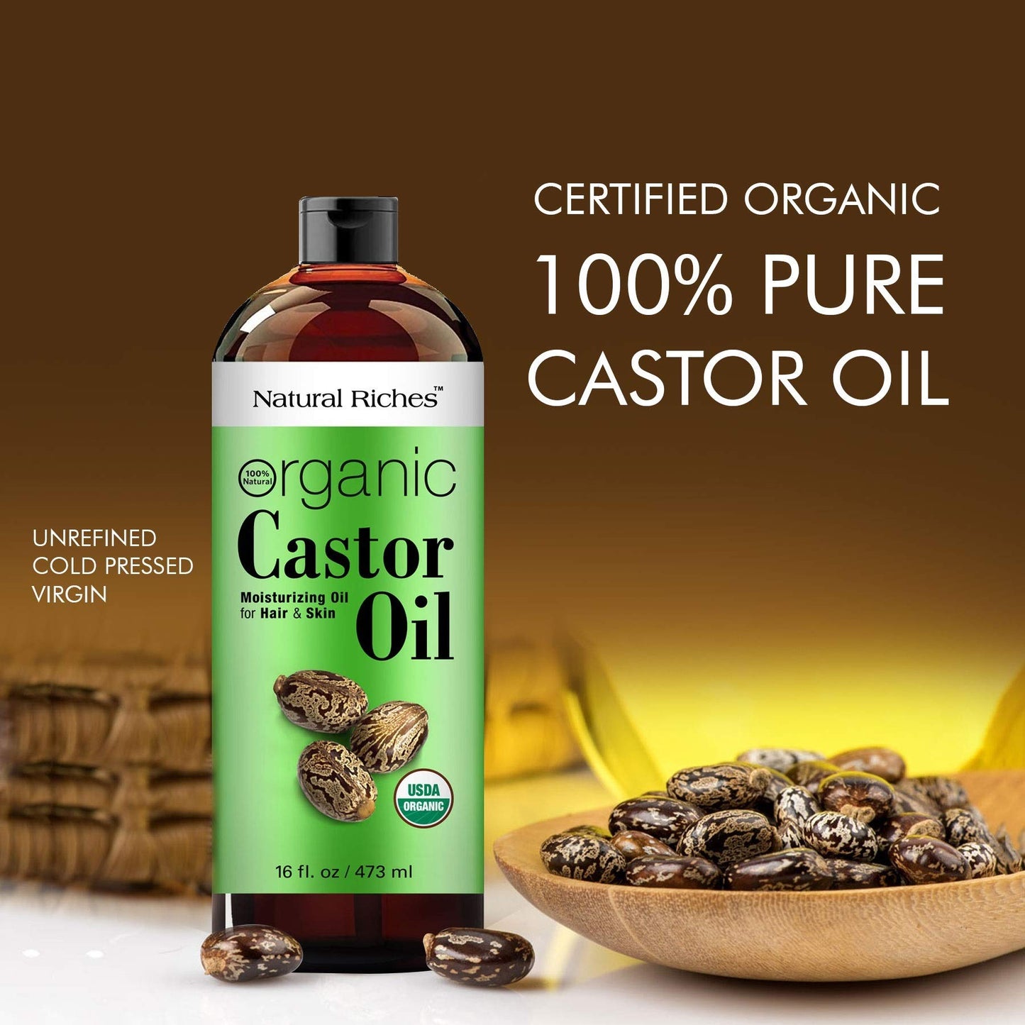 Natural Riches Organic Castor Oil - Cold Pressed and USDA Certified for Dry Skin and Hair - Moisturizes and Helps Growth for Eyelashes, Eyebrows and Hair - 16 fl. oz.