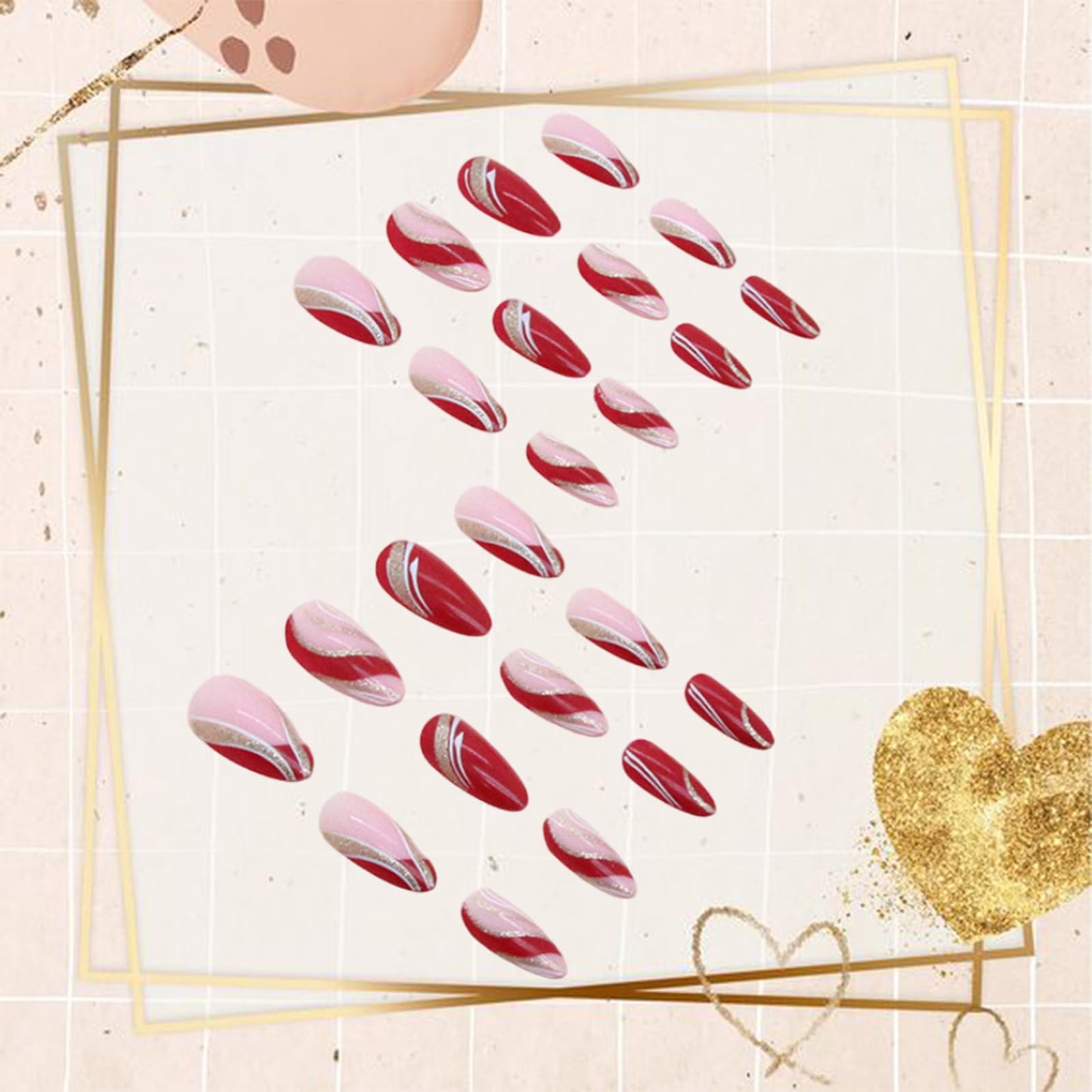 24Pcs Almond Press on Nails Medium Fake Nails Full Cover Wine Red French Tips with Gold Line Designs Artificial Acrylic Reusable Glossy False Nails Glue on Nails Stick on Nails for Women Girls