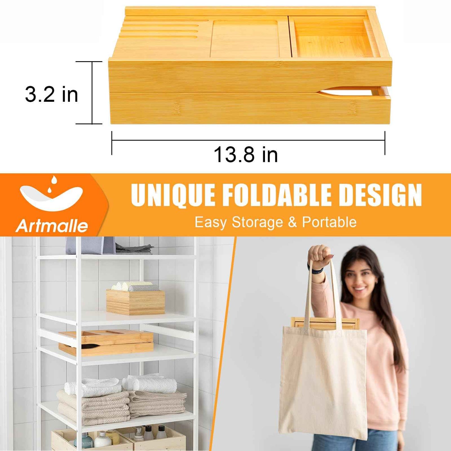 Artmalle Foldable Bathtub Tray for Tub, Bamboo Bathtub Caddy Tray Table with Book Stand for Luxury Bath, Bathroom Accessories for Women Men with Free Soap Dish (Semi-Simple, Natural) (Natural)
