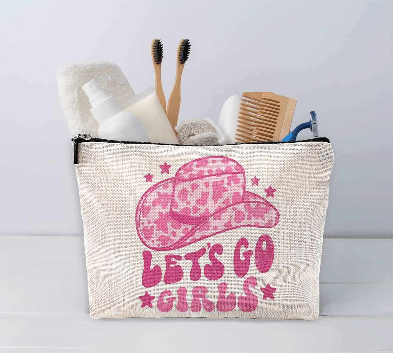 Sufamb Let's Go Girls Hot Pink Preppy Glitter Cowgirl Hats Makeup Bag,Western Country Cowgirl Cosmetic Pouch for Women Girls,Christmas Birthday Gifts for Teen Girls,Cowgirl Gifts for Girls