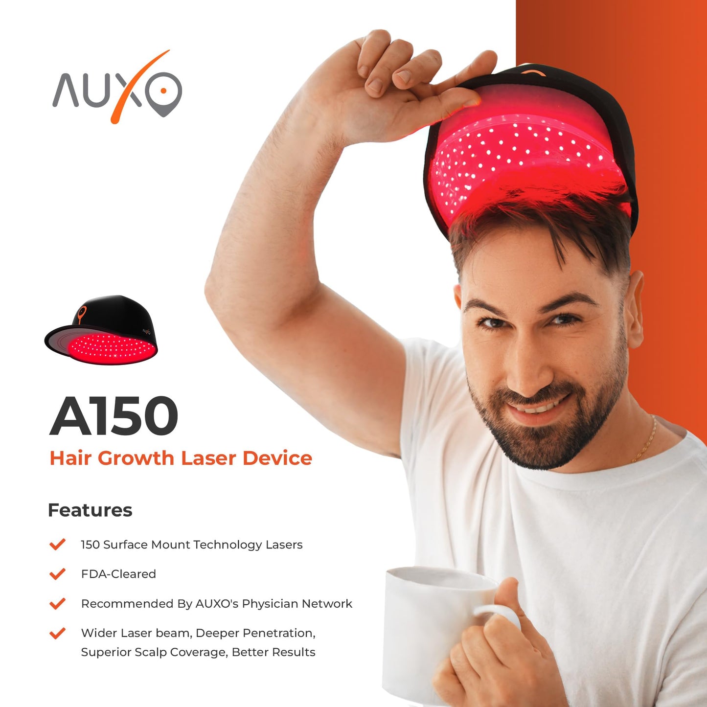 Auxo A150 Hair Growth Red Light Laser Hat For Treatment of Hair Loss due to androgenic alopecia (AgA) For Men Women Hair Regrowth Treatment For Thinning Hair FDA Cleared