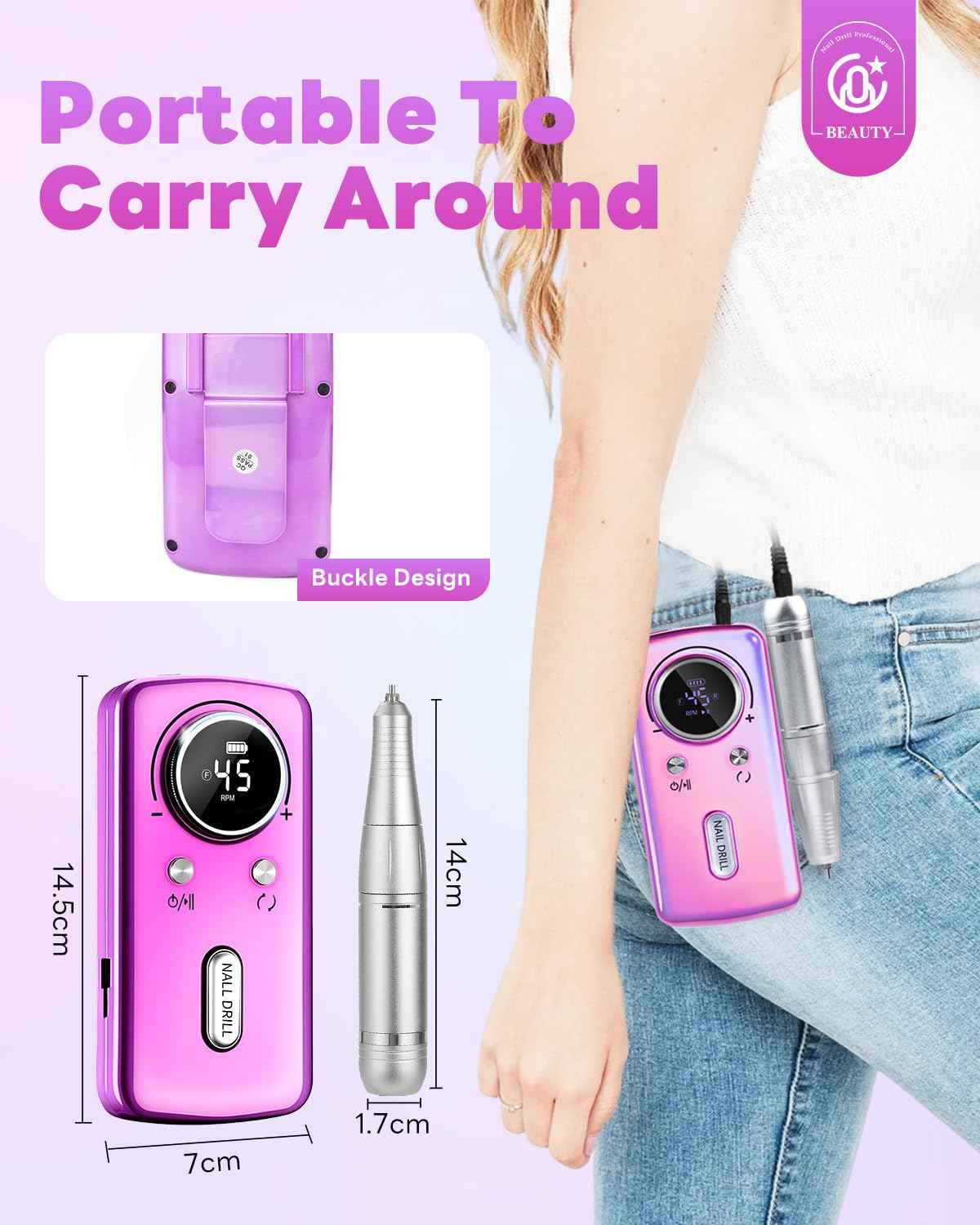 CozyZen Cordless Nail Drill Professional: 45000 RPM Rechargeable Electric Nail File Kit, Portable & Low Noise for Acrylic, Gel Nails, Manicure & Pedicure - Salon & Home Use