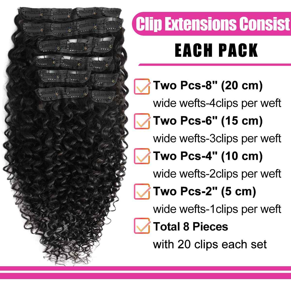 3C 4A Curly Clip In Hair Extension Real Human Hair 14 Inch Kinky Curly Clip in Hair Extensions Real Human Hair Brazilian Remy Human Hair Extensions Double Weft 8Pcs 110g Natural Black