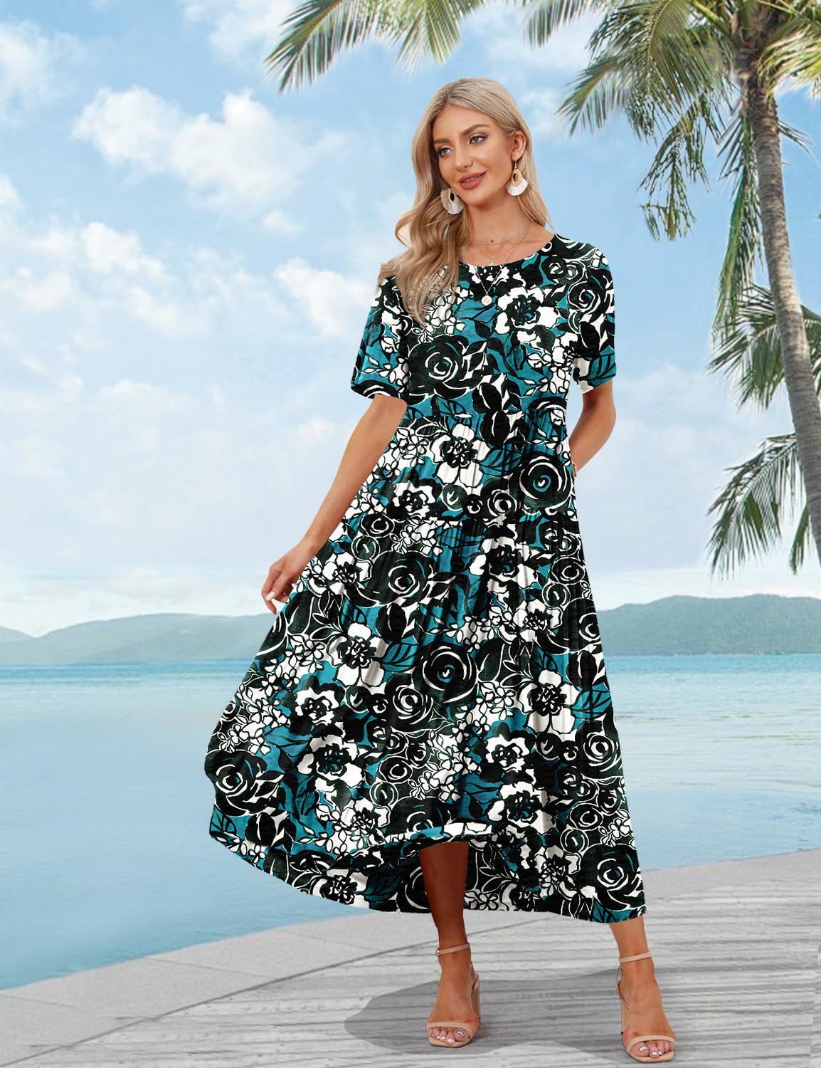 YESNO Women Casual Loose Bohemian Floral Dress with Pockets Short Sleeve Long Maxi Summer Beach Swing Dress S EJF CR426