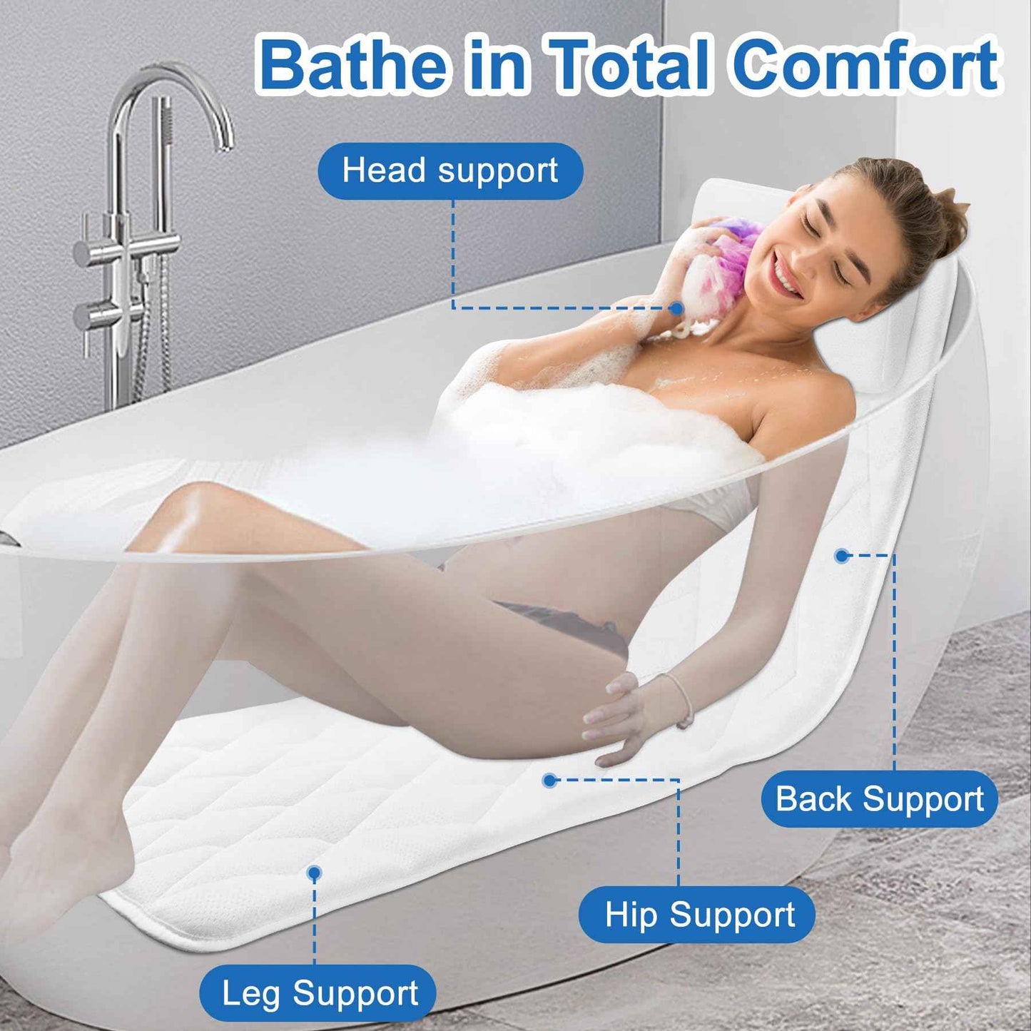 Chsuiwe Full Body Bath Pillow for Bathtub, Thick Bath Pillow for Tub with Non-Slip Suction Cups, Bathtub Cushion with Pillow, Luxury Tub Pillow for Bath, Headrest Neck and Back Support, 5D Air Mesh