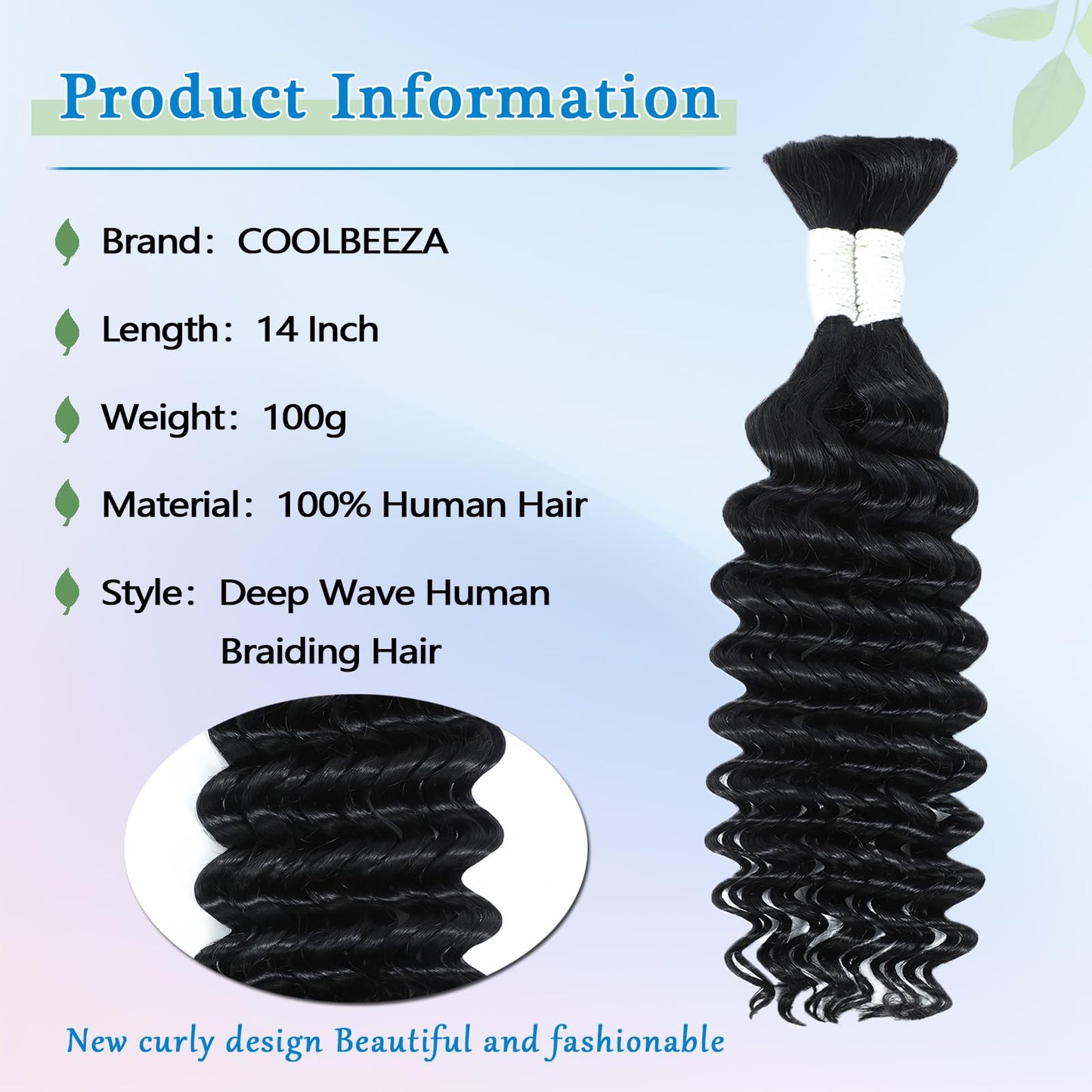 Coolbeeza Human Braiding Hair 14 Inch Deep Water Wave Bulk Human Hair for Braiding 12A Brazilian Virgin Curly Hair for Boho Braids Wet and Wavy No Weft 2 Bundles 100g Hair Extensions