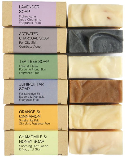 AUTHENTIC BATH & SOAP - Natural Bar Soap Set for Oily Skin, Cold Processed, Oil Control, Fights Odor, Tea Tree, Juniper Tar, Orange & Cinnamon, Lavender, Activated Charcoal, Honey & Chamomile. (6PK)