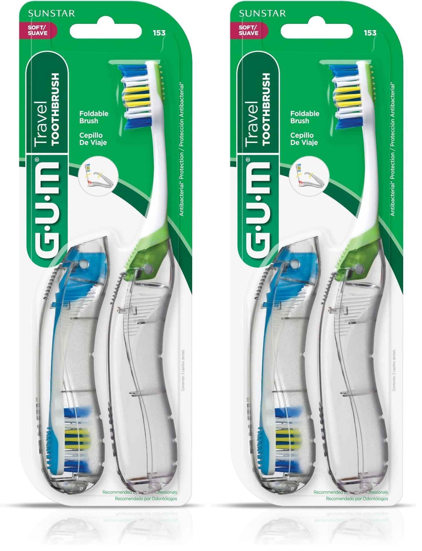 GUM Folding Travel Toothbrush, Compact Head + Tongue Cleaner, Soft Bristled Travel Toothbrushes for Adults, 2ct (Pack of 2)