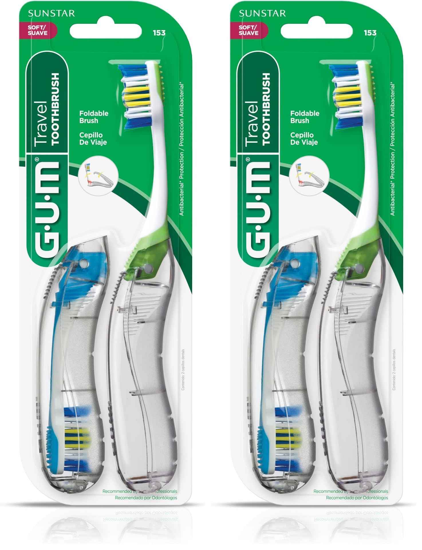 GUM Folding Travel Toothbrush, Compact Head + Tongue Cleaner, Soft Bristled Travel Toothbrushes for Adults, 2ct (Pack of 2)