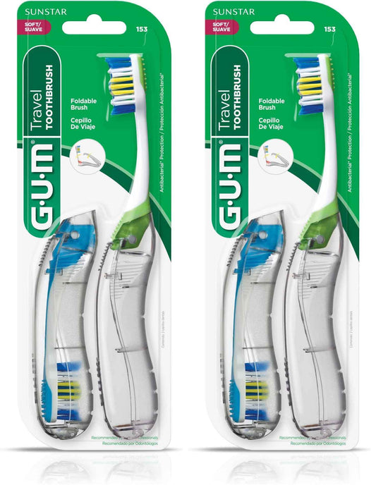 GUM Folding Travel Toothbrush, Compact Head + Tongue Cleaner, Soft Bristled Travel Toothbrushes for Adults, 2ct (Pack of 2)