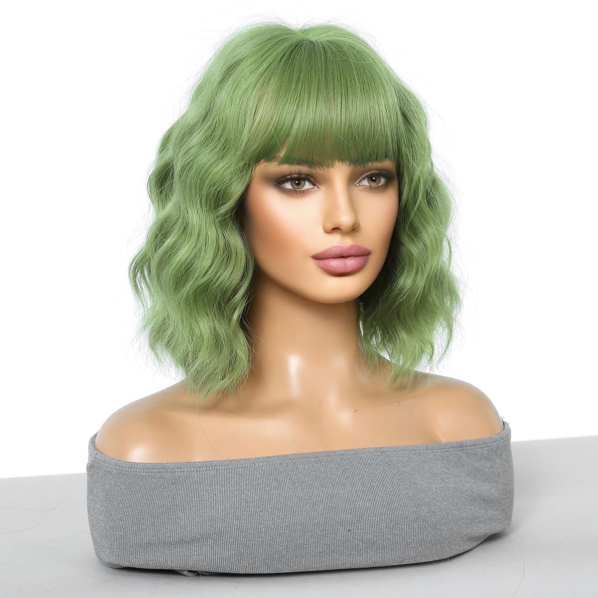 WTHCOS Green Wig Short Curly Wavy Hair Wig With Bangs Avocado Green Wig for Women Matcha Green Wig Short Bob Wig Heat Resistant Synthetic Hair Wigs for Daily Use Cosplay Wig With Wig Cap