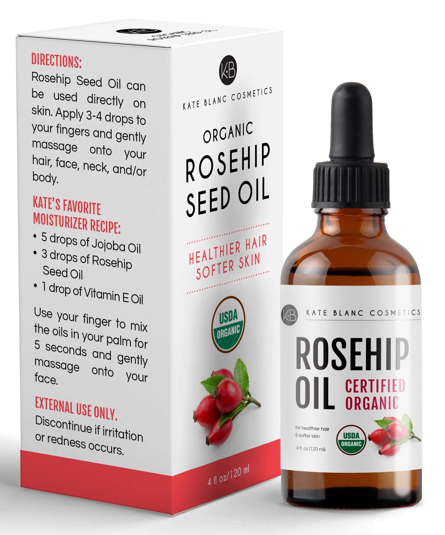 Kate Blanc Cosmetics Rosehip Oil for Face & Skin. Rosehip Seed Face Oil for Facial & Gua Sha Massage (4oz, Organic, Pure, Cold Pressed)