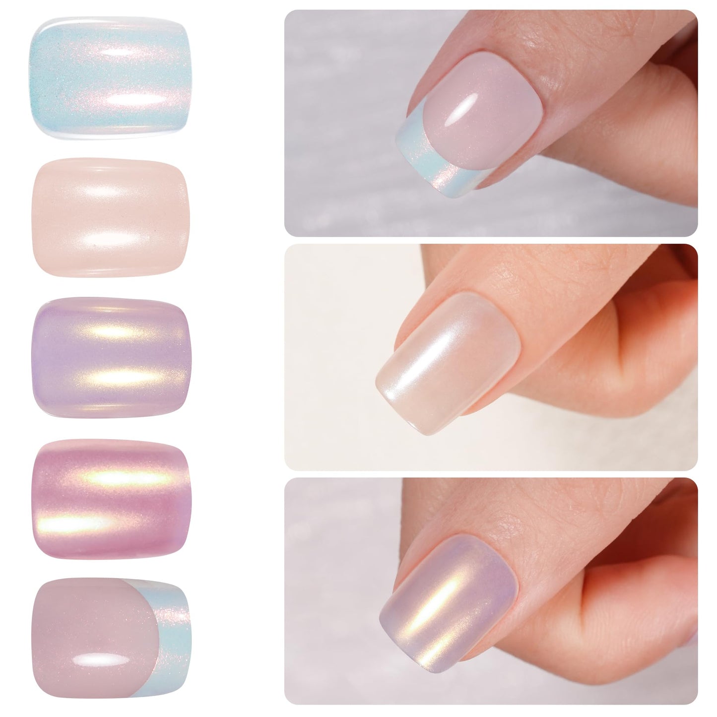 NEW Press on Nails Short, Jofay Fashion 120Pcs Salon-Like Fake Nails with French Mermaid/Pearl/Aurora Chrome Nail Designs, Glossy Artificial Acrylic False Nails, Glue on Nails Stick on Nails for Women