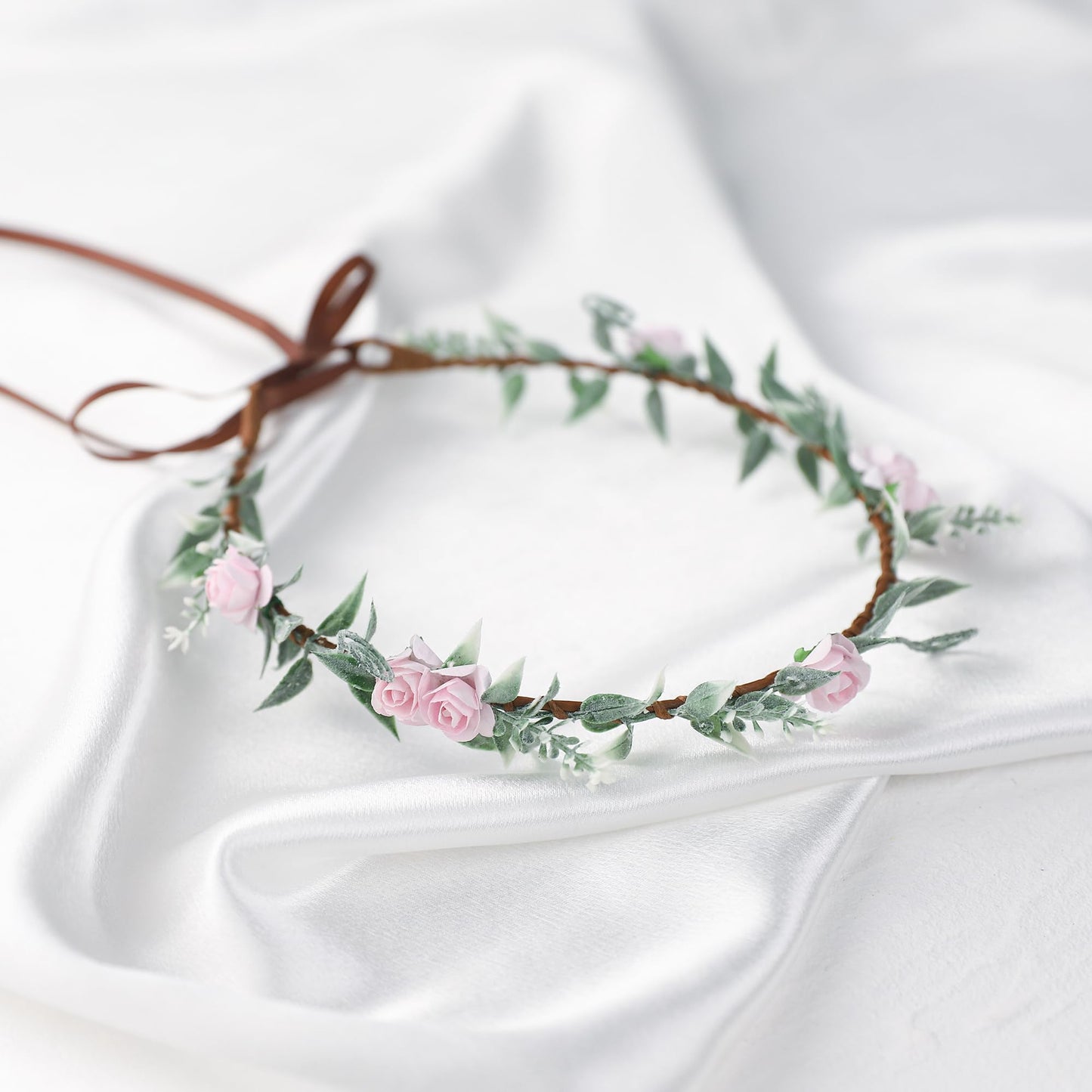 KorViSHOW Weeding Flower Crowns Fairy Headband- Greenary Leaf Renaissance Bohemian Floral Wreath Crafts for Women Girls in Christmas Festival Party Vacation Photography Props Pink Rose