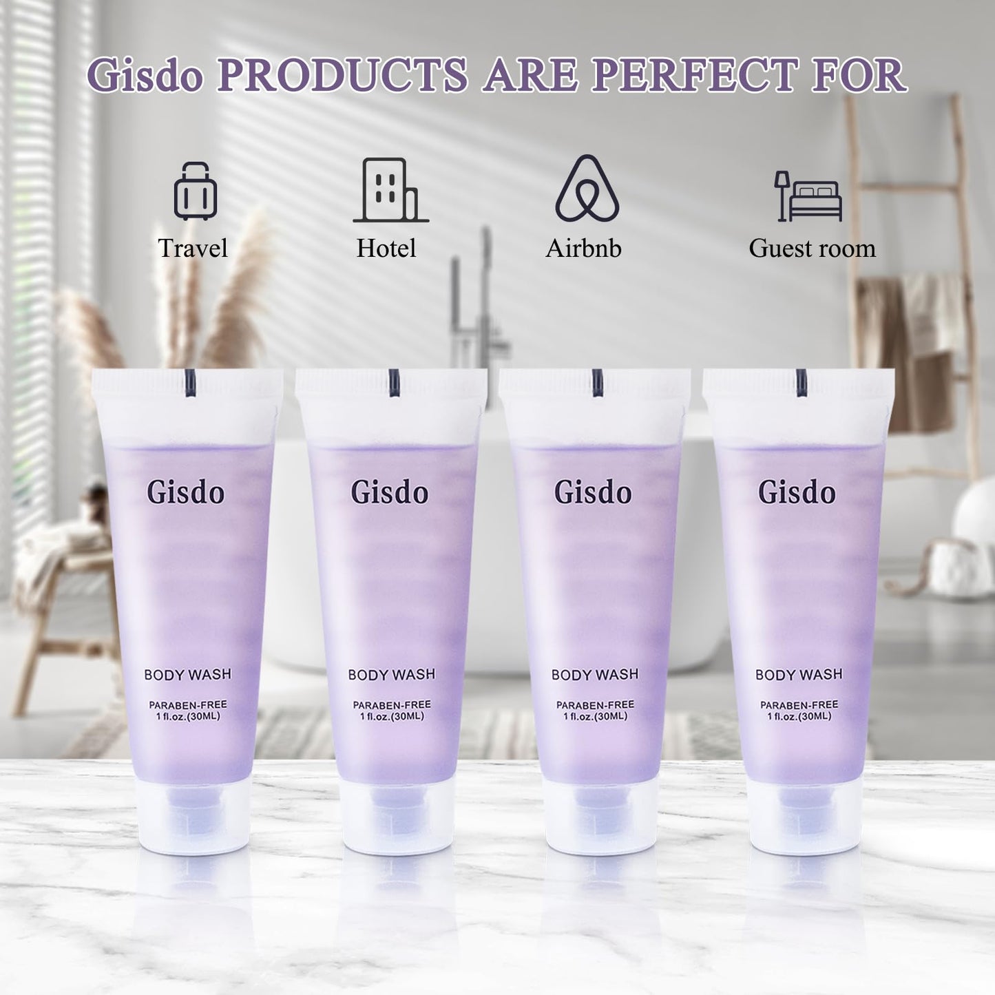 Gisdo Travel Size Body Wash Bulk (1 fl oz, 100 Pack), Refreshing Hotel Body Wash, Mini and Small Size Guest Hotel Toiletries in Bulk