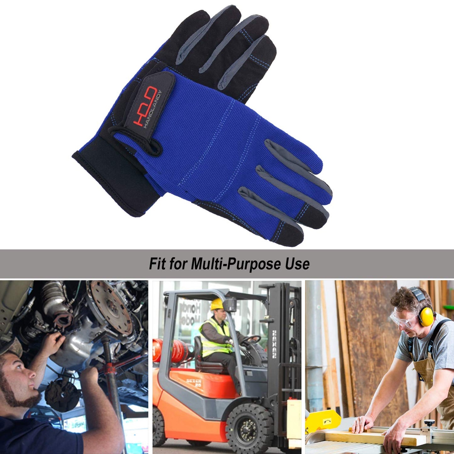 HANDLANDY Mens Work Gloves Touch Screen, Synthetic Leather Utility Gloves, Flexible Breathable Mechanics Gloves- Padded Knuckles & Palm (Medium, Blue)