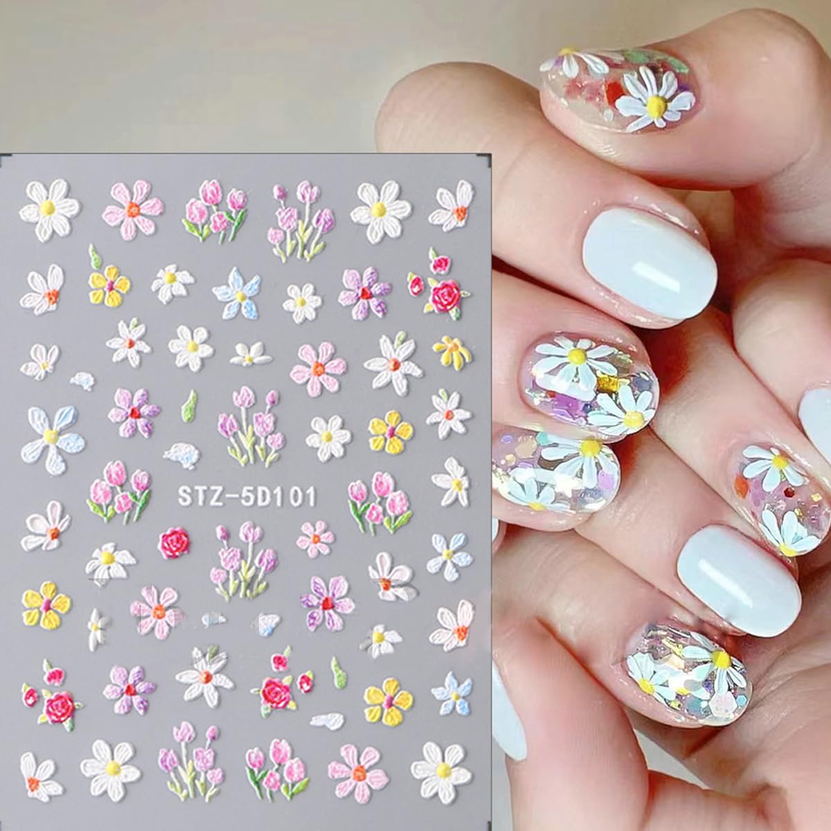 3PCS Flower Nail Art Stickers 5D Embossed Nail Decals Spring Floral Nail Sticker Self Adhesive Nail Art Supplies Three-Dimensional Frosted Small Daisy Flowers Nail Design for Women Nail Decoration