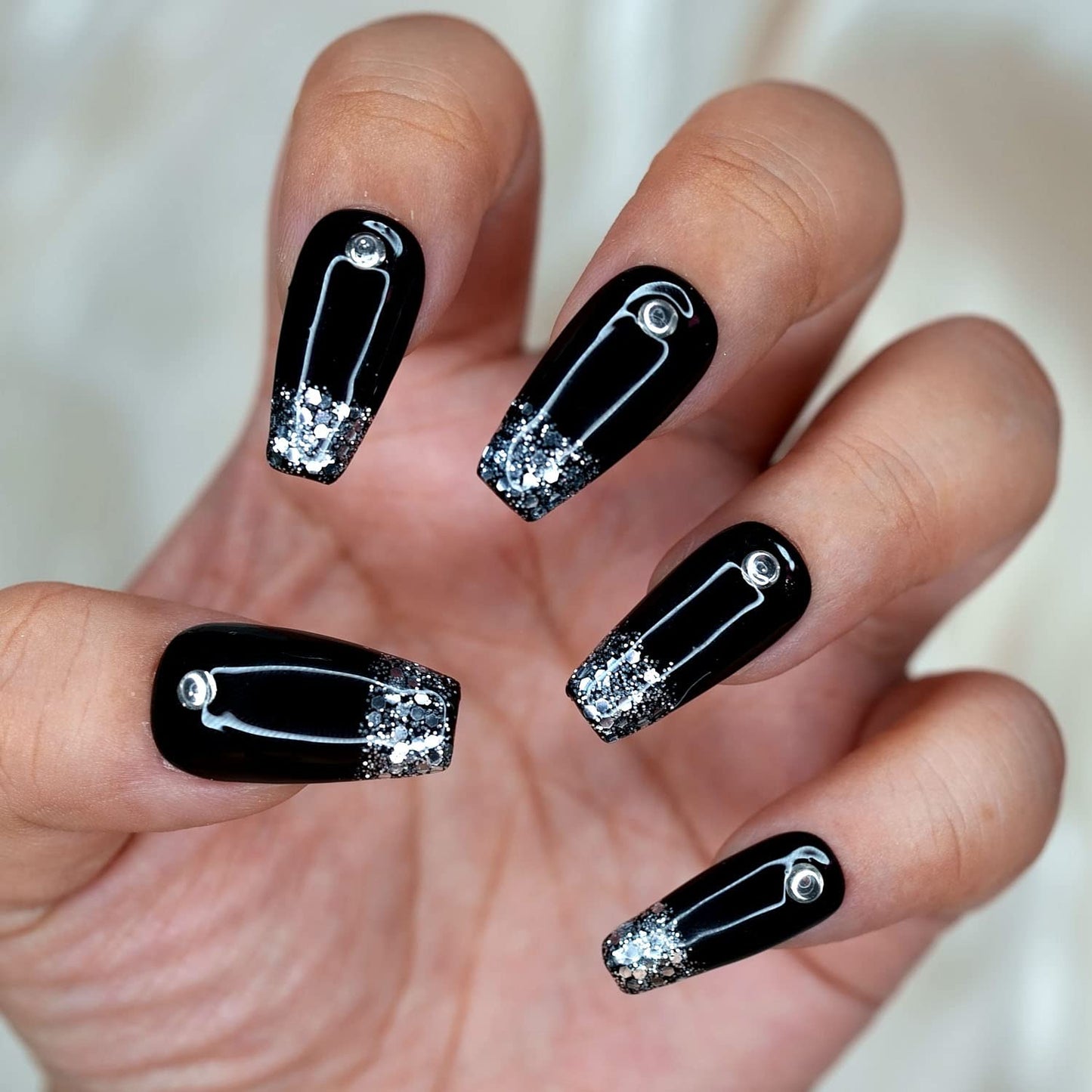 10 Pcs Handmade Press on Nails (X-Small, Black With Silver Glitter French Tip Rhinestones/Short Coffin) A035XS