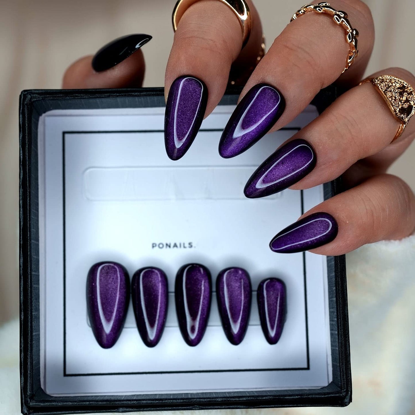 10 Pcs Handmade Press on Nails (Extra Small, Purple Cat Eye/Purple Moon Stone on Black/Almond) A009XS