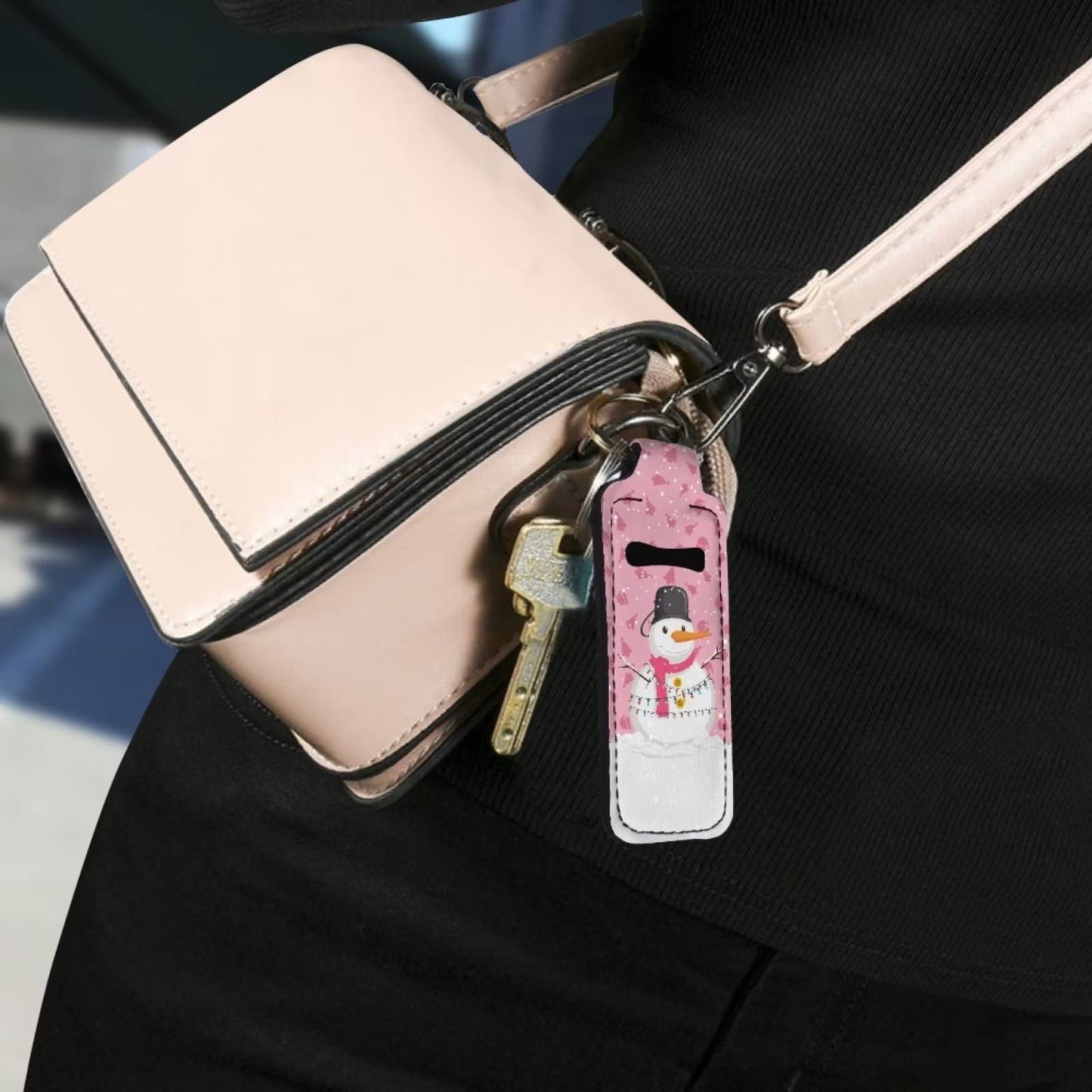 SEANATIVE Women Girls Chapstick Holder Keychain Pink, Christmas Snowman Print Lip Balm Pouch Sleeve with Metal Keyring