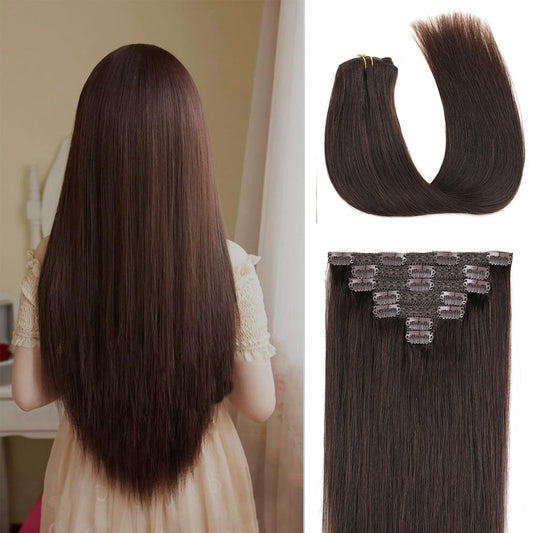 Clip In Human Hair Extensions,Double Weft Remy Hair Clip in Extensions 70g 7pcs Silky Straight 12inch Human Hair Clip In Extensions Dark Brown Hair Extensions