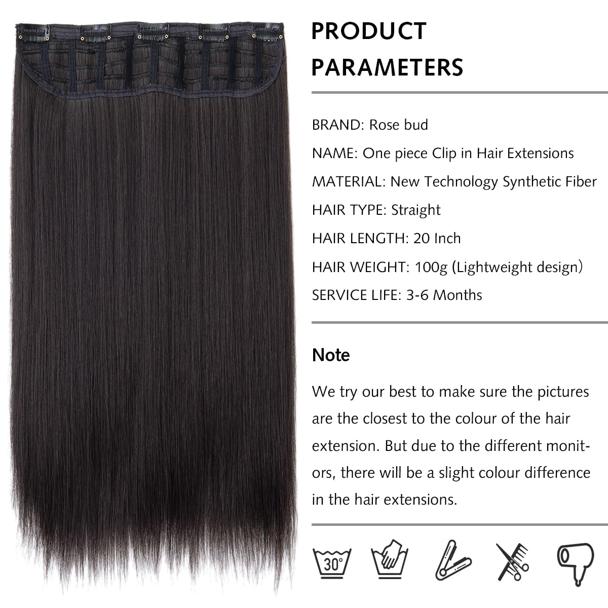 ROSEBUD Clip in Hair Extensions One Piece 5 Clips Synthetic 3/4 Full Head Hair Extension for Women 20 Inch Natural Brown