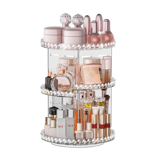 COMVTUPY 360° Rotating Makeup Organizer, Diamond Pattern DIY 5 Adjustable Layers Skincare Clear Cosmetics Organizer for Vanity Countertop with Perfume Tray