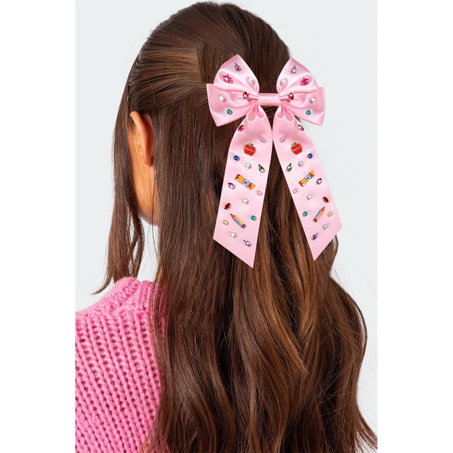 Teacher Hair Bows for Women Back To School Pencil Hair Bow Clips Rhinestone Jeweled Large Hair Bows Teacher Accessories Back To School Outfits Teacher Appreciation Gifts (Pattern G)