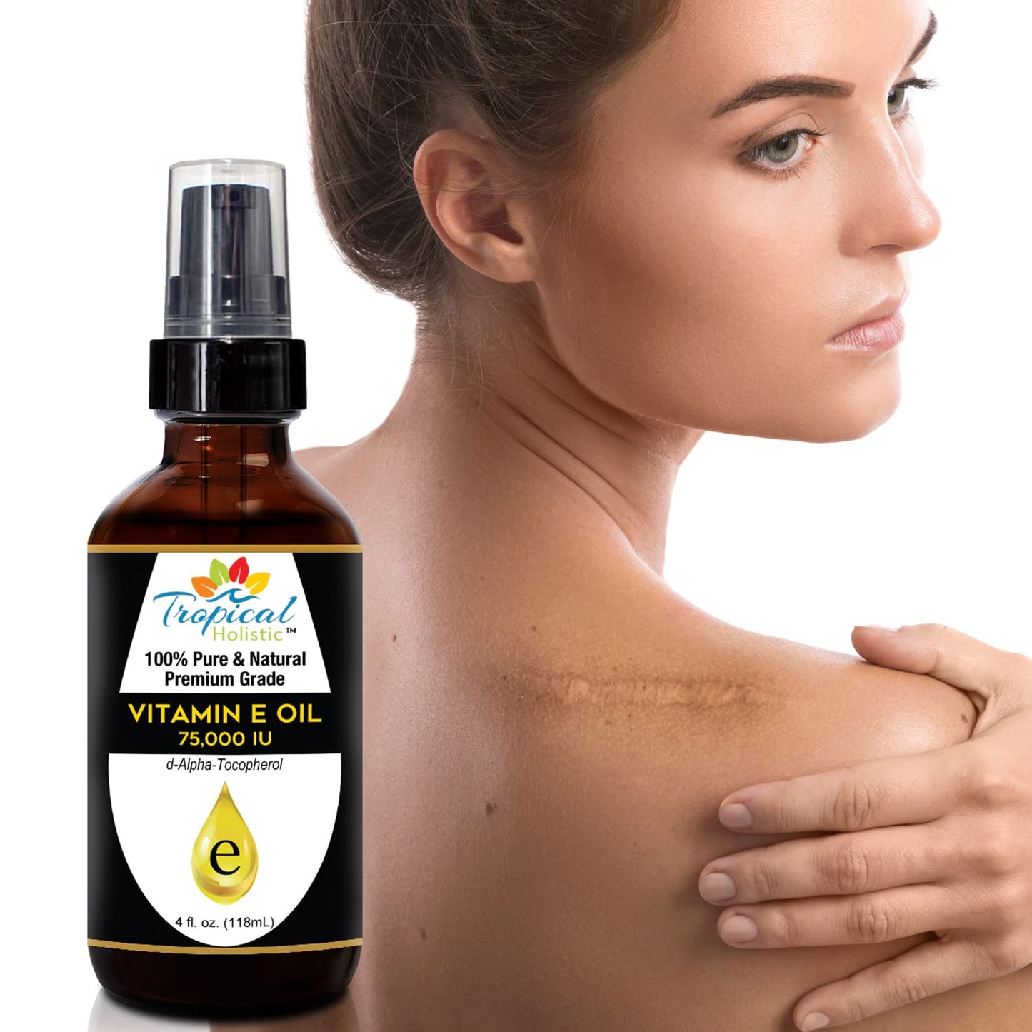 Tropical Holistic 100% Pure Vitamin E Oil (4oz / 118mL) - 75,000 IU Plant Based Natural D-Alpha Tocopherol for Hydrated Skin, Scars, Age Spot, Full Bathe Body Oil, Nails, Face & Hair