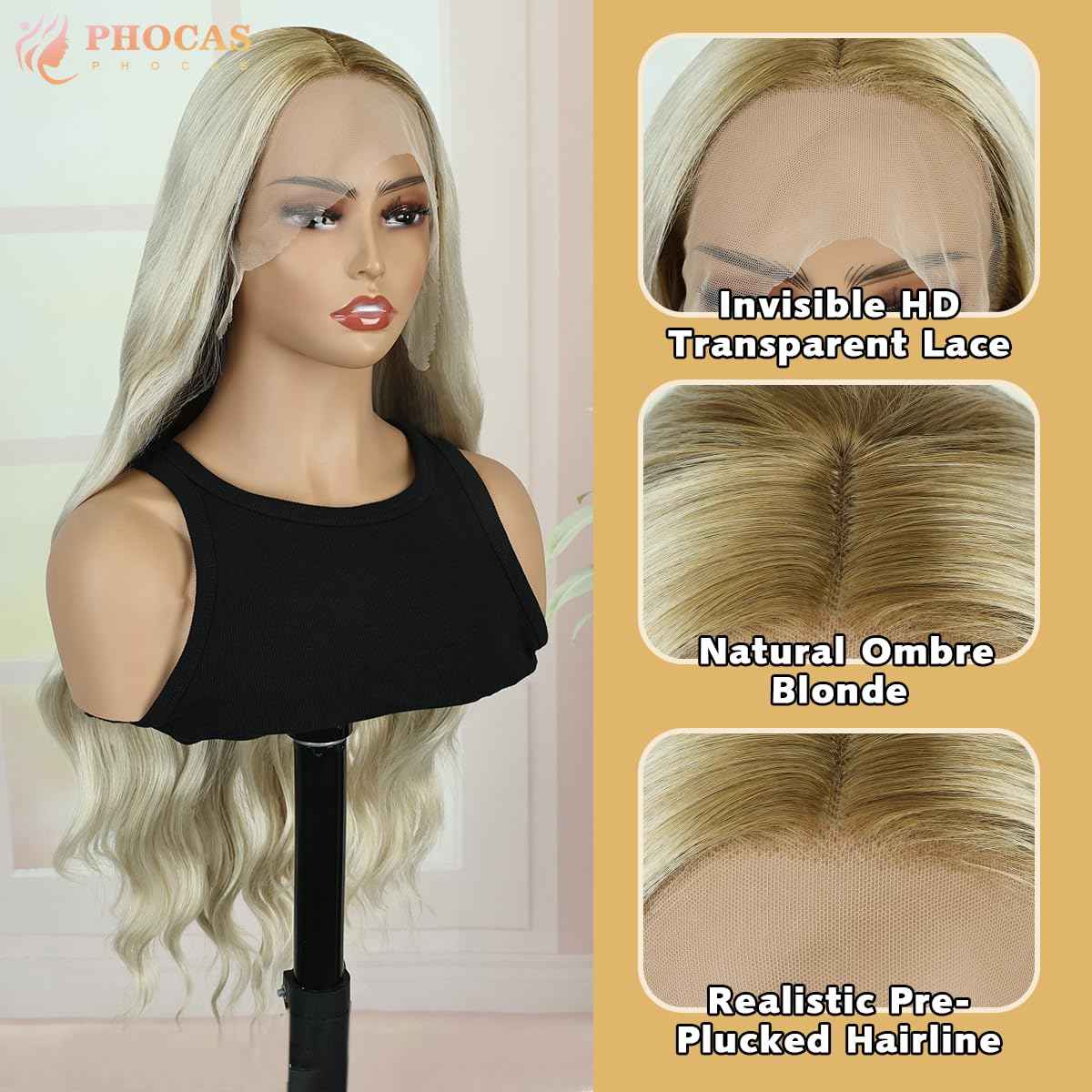 PHOCAS 30 Inch Curly Blonde Lace Front Wig 13x3 Synthetic Lace Front Wig Pre Plucked Free Part, Ombre Blonde Long Body Wave HD Lace Frontal Wigs for Women Halloween Cosplay Party Daily Use