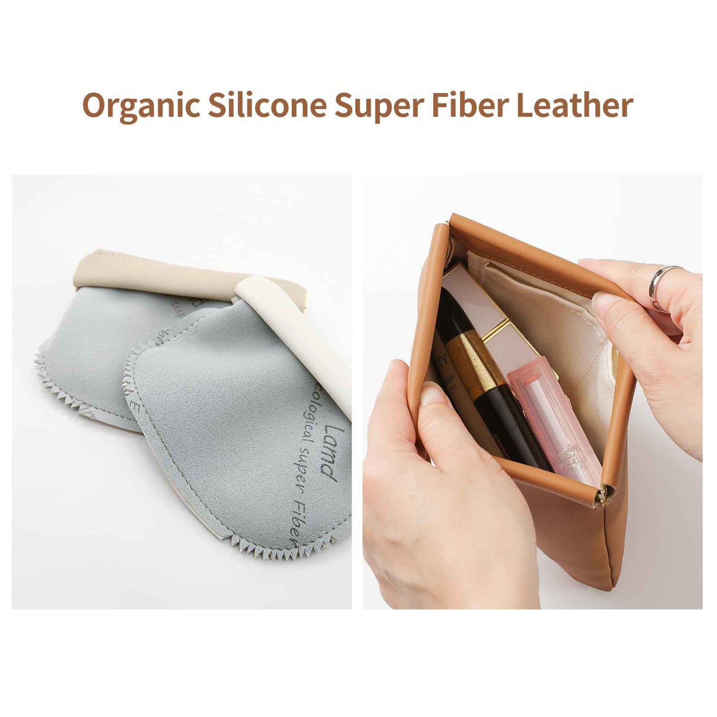 MEIBOOCH 2 Pack Small Makeup Bag for Women, New Organosilicon Super Fiber Leather Mini Cosmetic Bag for Travel, Coin Purse Organizer Storage Pouch (Brown)