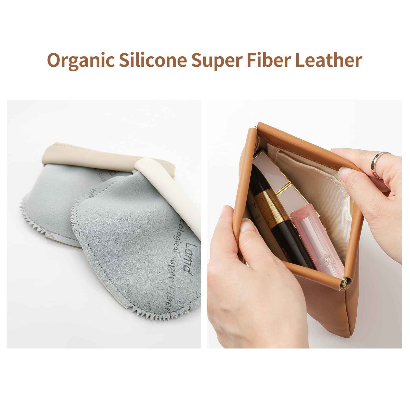 MEIBOOCH 2 Pack Small Makeup Bag for Women, New Organosilicon Super Fiber Leather Mini Cosmetic Bag for Travel, Coin Purse Organizer Storage Pouch (Brown)