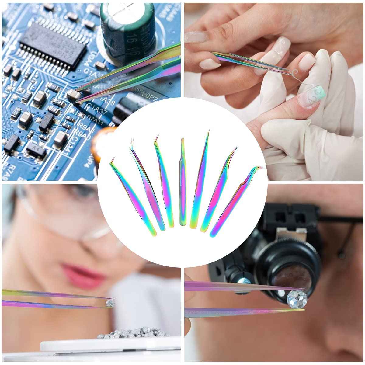 Eyelash Extension Tweezers Set, Fangze 7 Pcs Lash Kit Rainbow Stainless Steel Straight and Curved Tweezer for Nail Art Ingrown Hair Craft