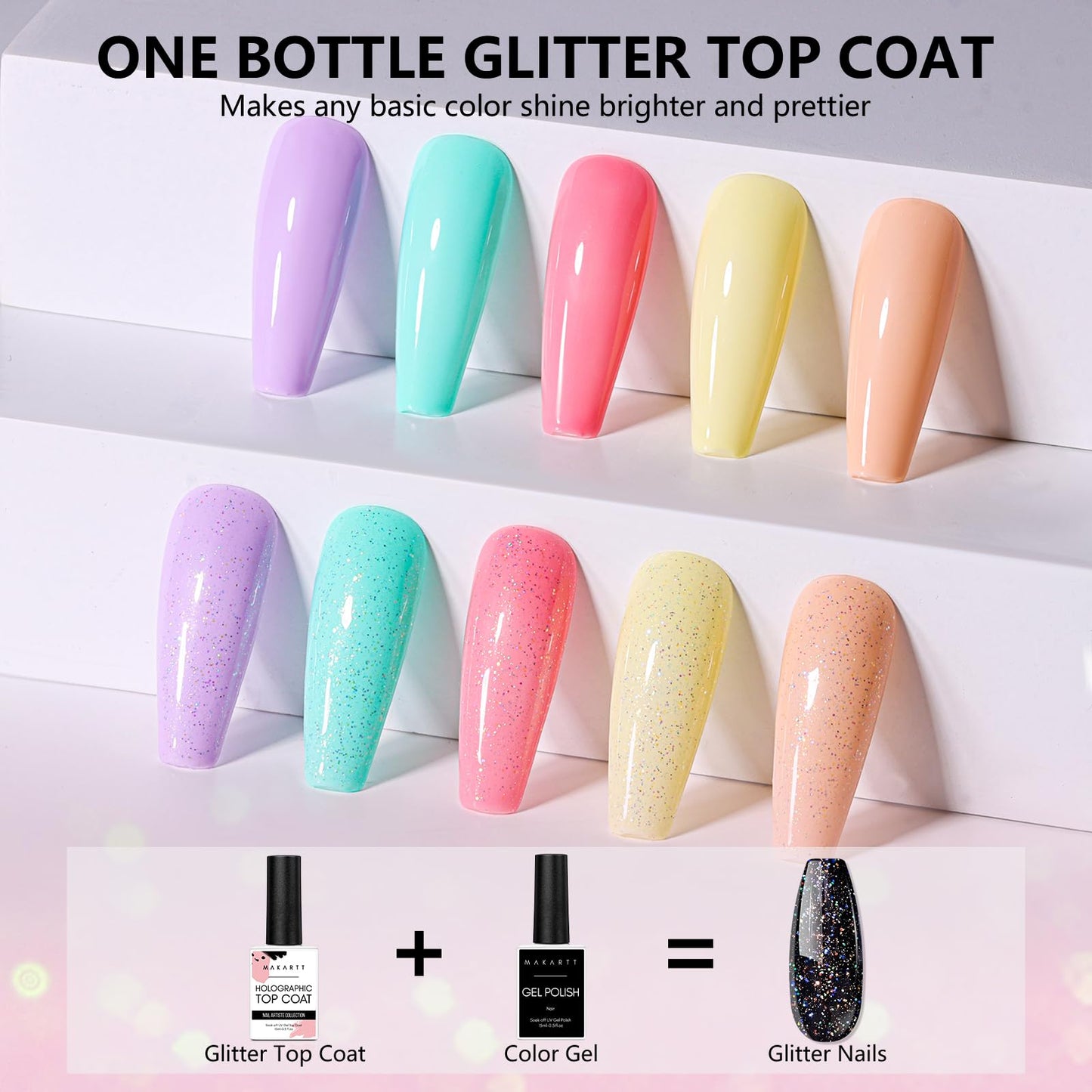 Makartt Glitter Gel Top Coat, No Wipe Gel Top Coat Nail Polish 15ML, High Gloss Gel Top Coat for Acrylic Nails Soak Off Holographic Gel Top Shiny Finish Long Lasting for Nail Salon & Home DIY