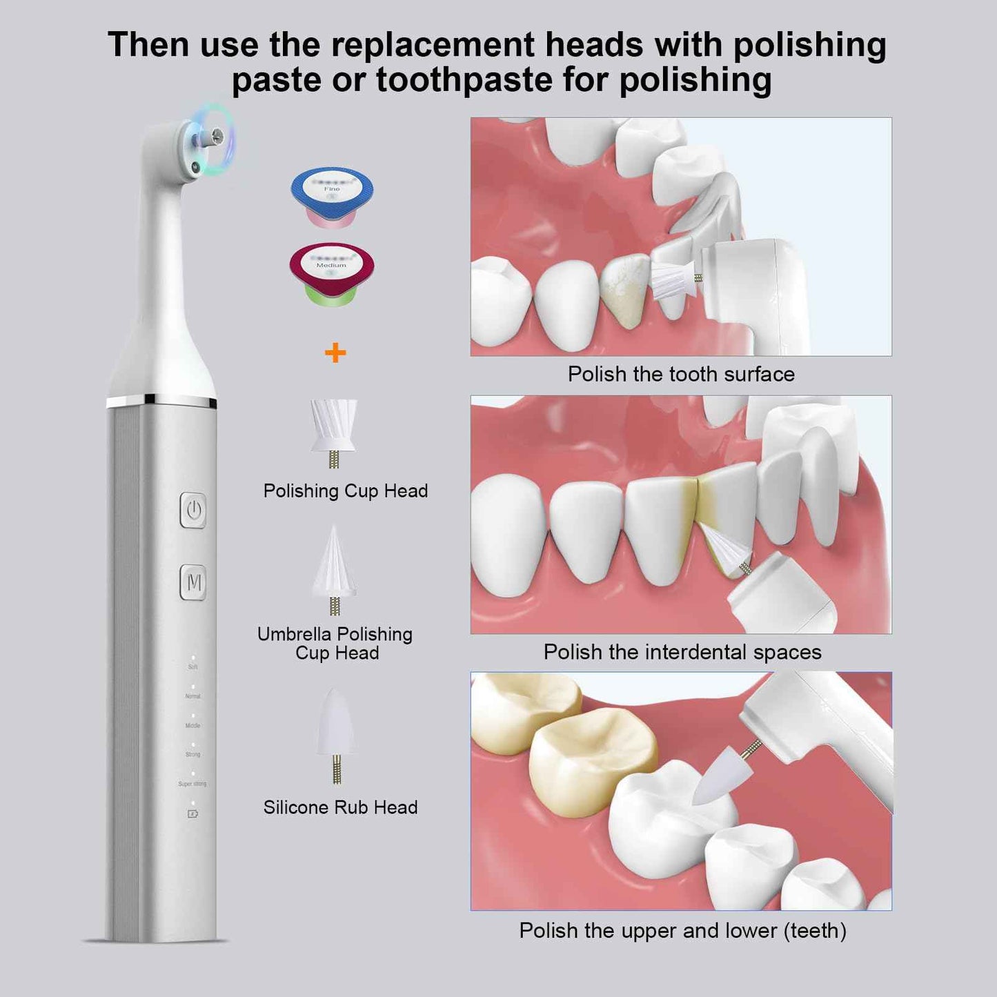 Tooth Polisher and Plaque Remover, Teeth Cleaning Tools for Cleaning and Polishing of Tooth, Dental Cleaning Tools for Brighten and Polish Teeth with 5 Brush Heads, 4 Speed Modes and 3 Polish Pastes