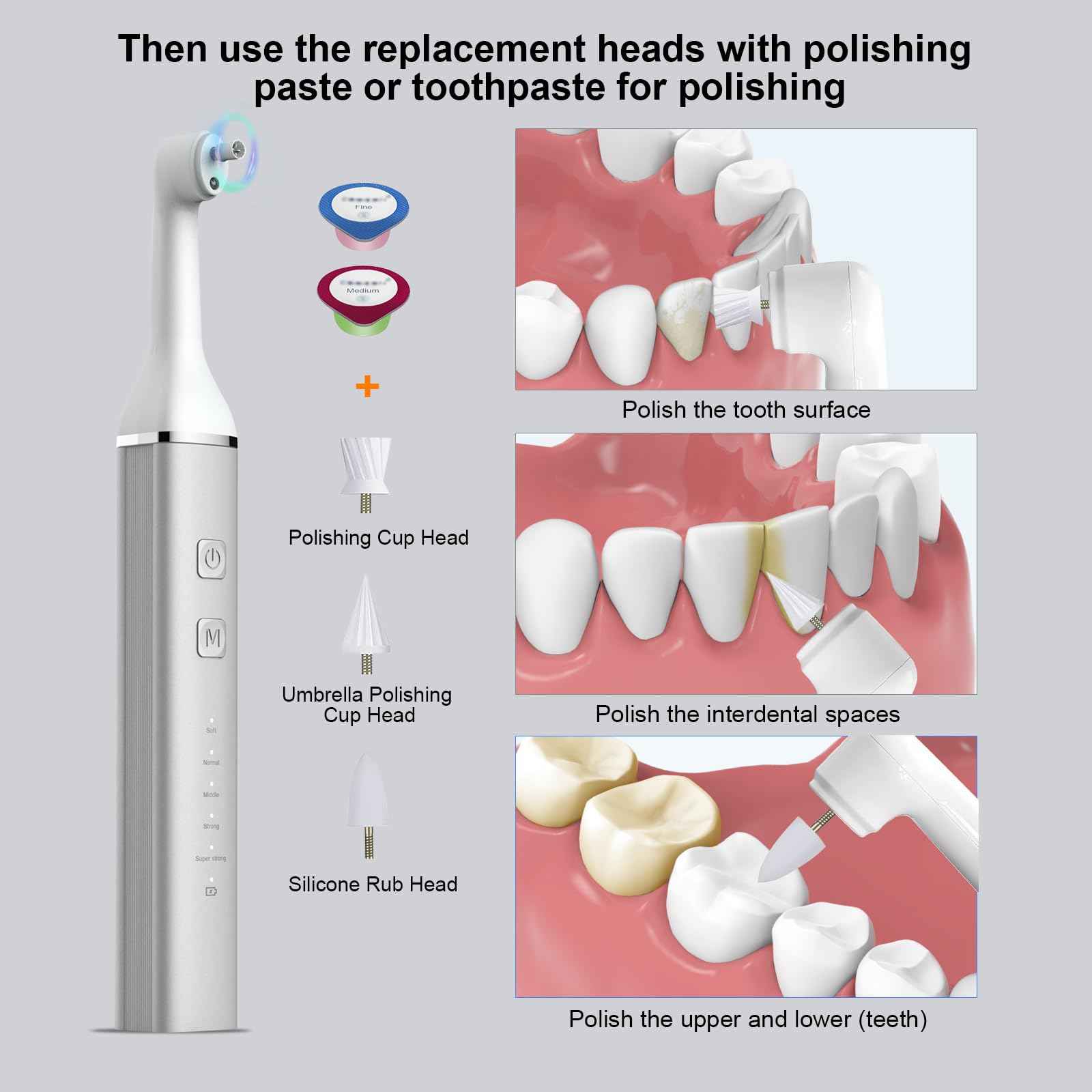 Tooth Polisher and Plaque Remover, Teeth Cleaning Tools for Cleaning and Polishing of Tooth, Dental Cleaning Tools for Brighten and Polish Teeth with 5 Brush Heads, 4 Speed Modes and 3 Polish Pastes