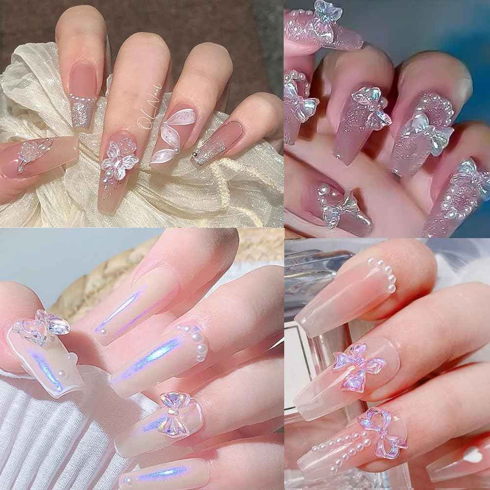 100pcs Mix Shapes Aurora Nail Art Charms - Camellia Bow, Resin Flower, Butterfly, Kawaii Bear, Moon, Heart Nail Charms