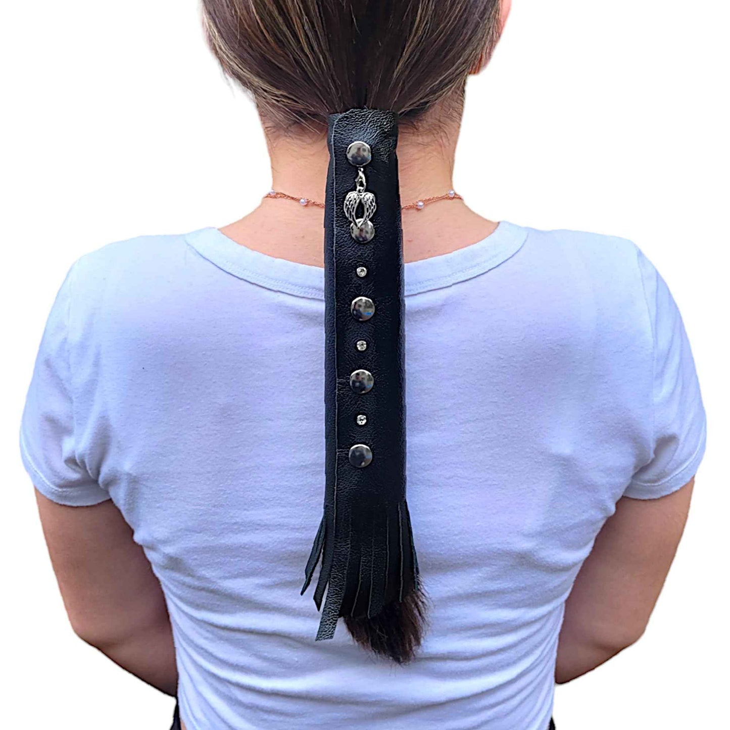 Black Leather Hair Wrap 8" Inch - Ponytail Wrap & Long Hair Protector for Biker Helmet | Motorcycle Accessories for Women with Fringe | Made in USA | Accessory