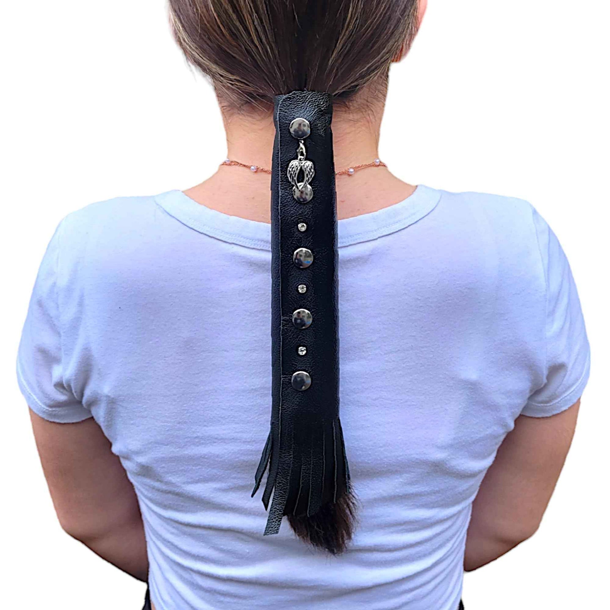 Black Leather Hair Wrap 8" Inch - Ponytail Wrap & Long Hair Protector for Biker Helmet | Motorcycle Accessories for Women with Fringe | Made in USA | Accessory