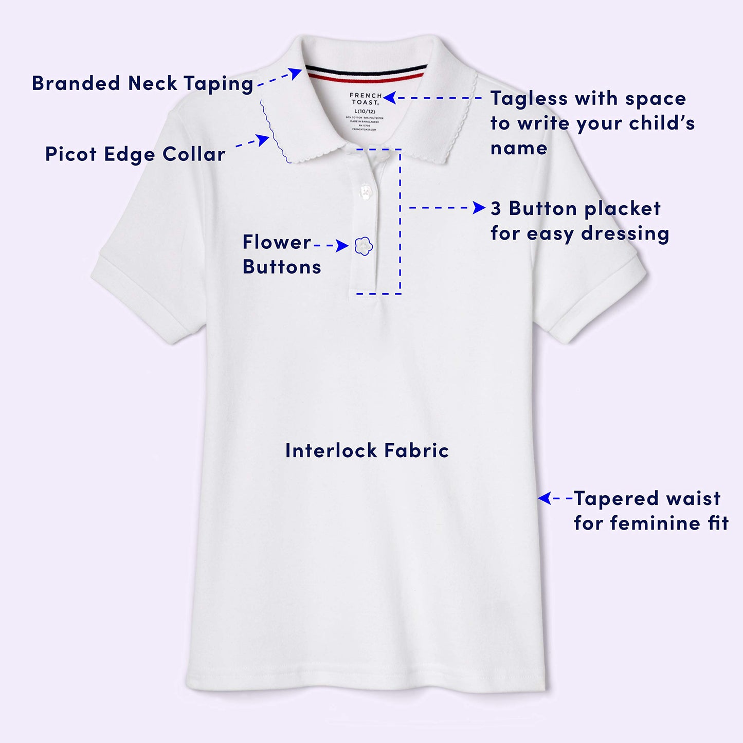 French Toast Little Girls' Toddler Short Sleeve Interlock Polo with Picot Collar, White, 2T