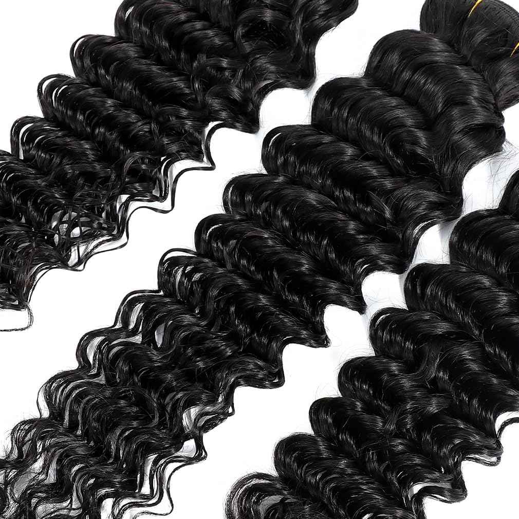 Deep Wave Human Hair Bundles 18 Inch Deep Wave Bundles 100% Unprocessed Brazilian Virgin Hair 1 Bundles Curly Bundles Hair Extensions Real Human Hair Wavy Quick Weave Bundles Natural Black